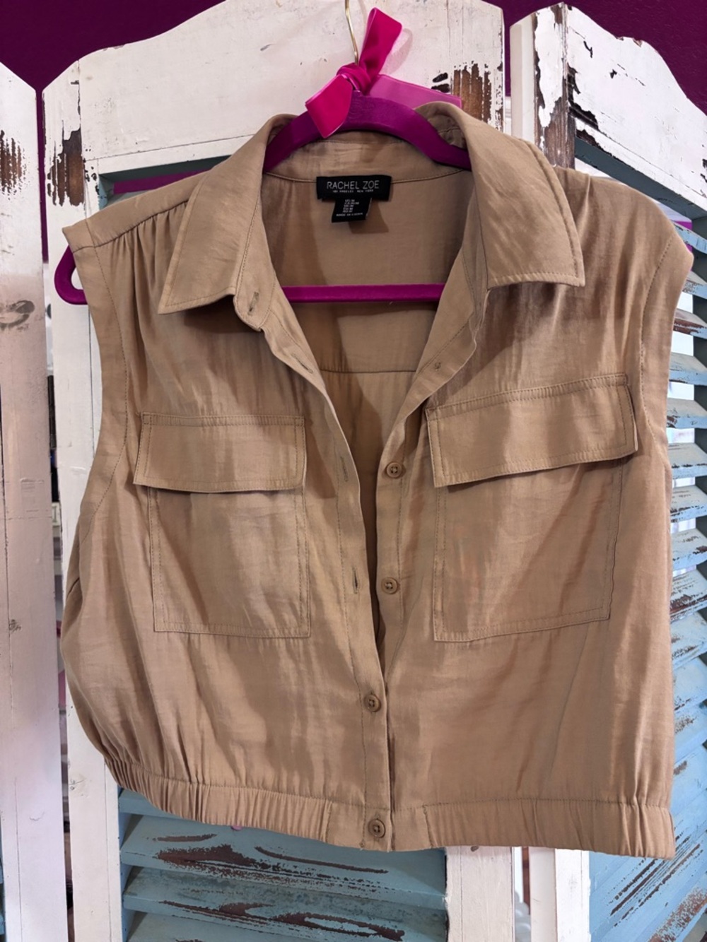 Rachel Zoe Cropped Sleeveless Utility Shirt in Beige